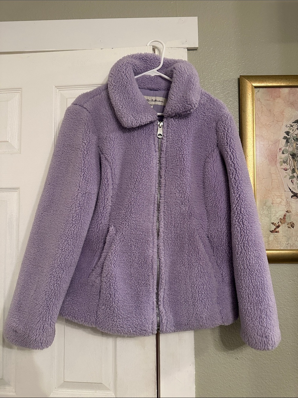 Lavender Collared Teddy Plush Zip-Front Jacket w/ Pockets Sz Large